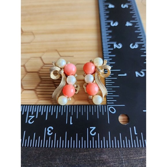 Vintage Signed KRAMER Goldtone Red Coral Balls Pearl Like Clip-On Earrings 1960s
